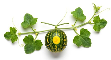 A small striped green melon with a yellow sticker on a vine with green leaves, isolated on white.