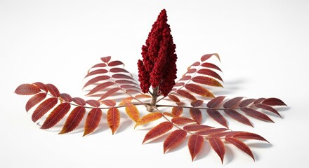 A vibrant red sumac flower cluster surrounded by autumn-colored leaves on a white background.