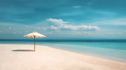 Fototapeta premium Empty White Sand Beach with a Single Umbrella and Turquoise Sea