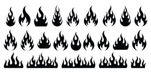 Flame fire silhouette icons set, Set of various black silhouette flame shapes, collection of various flame fire vector illustrations
