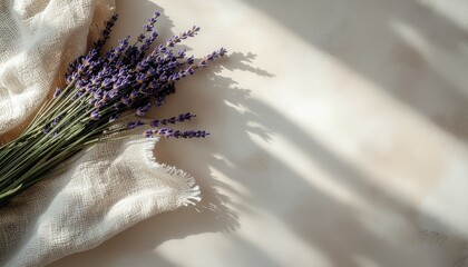 Neutral clay background with linen texture and dried lavender, warm natural light, soft shadows, eco luxury aesthetic