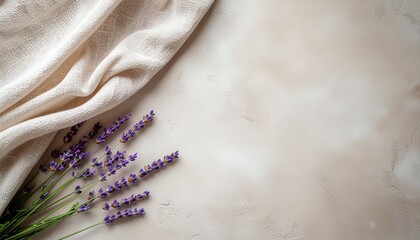 Neutral clay background with linen texture and dried lavender, warm natural light, soft shadows, eco luxury aesthetic