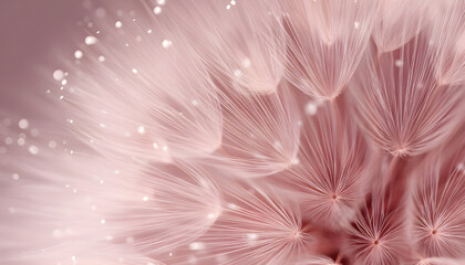 Close-up, top-down view of a dandelion in soft pink hues, capturing intricate details.