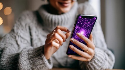 Close up of female hands using a smartphone, featuring a glowing digital network interface. The scene highlights innovation, communication, and the integration of technology into everyday life - Powered by Adobe