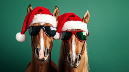 Two horses wearing Santa hats and sunglasses against a green background. The scene captures a festive holiday spirit, perfect for New Year or Christmas themes.