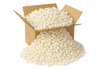 Cardboard box overflowing with white packing peanuts, cushioning fragile goods for safe shipping and delivery, transparent background
