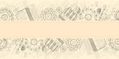 Mechanical engineering drawings on sepia background. Cutting tools, milling cutter. Technical Design. Cover. Blueprint. Horizontal seamless pattern. Vector illustration.