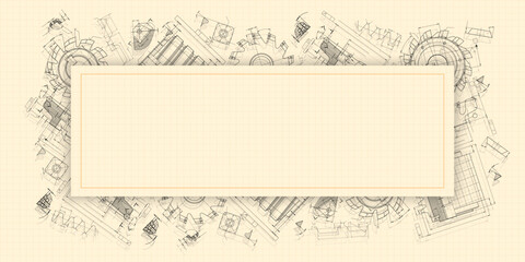 Mechanical engineering drawings on sepia background. Cutting tools, milling cutter. Technical Design. Cover. Blueprint. Horizontal seamless pattern. Vector illustration.