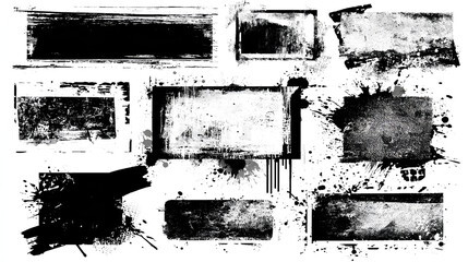 Black paint brush stamps. Vector grunge effect text boxes. Rough, stroke spray ink rectangles on paper. Distressed scratch background. Ink splatter frames on white. Paintbrush element banner bg Stock 