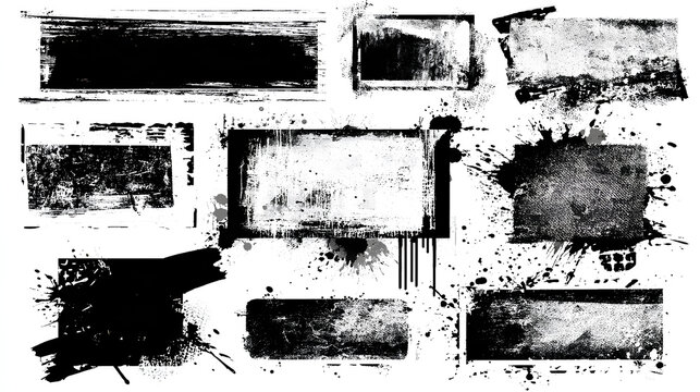 Black paint brush stamps. Vector grunge effect text boxes. Rough, stroke spray ink rectangles on paper. Distressed scratch background. Ink splatter frames on white. Paintbrush element banner bg Stock 