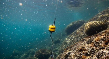Underwater sensor deployed for environmental monitoring and data collection in ocean