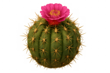 Green barrel cactus with sharp thorns blooming a vibrant pink flower, on transparent background