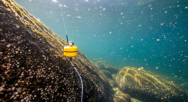 Underwater sensor attached to rock for environmental monitoring and data collection