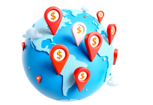 Global Earth Globe with Location Markers and Dollar Signs in Red and White on Blue Map