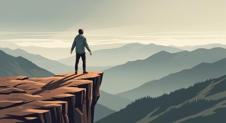 Explorer on Cliff Overlooking Misty Layered Mountains in Stylized Landscape