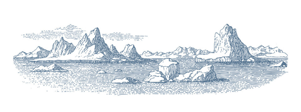 Arctic landscape with mountains and icebergs. Vintage woodcut linocut engraving style vector illustration.