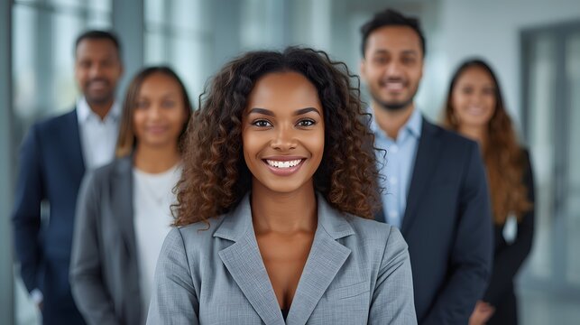 Professional group portrait featuring a confident businesswoman standing at the front of a diverse corporate team in a bright modern office, symbolizing leadership, collaboration, unity, and contempor