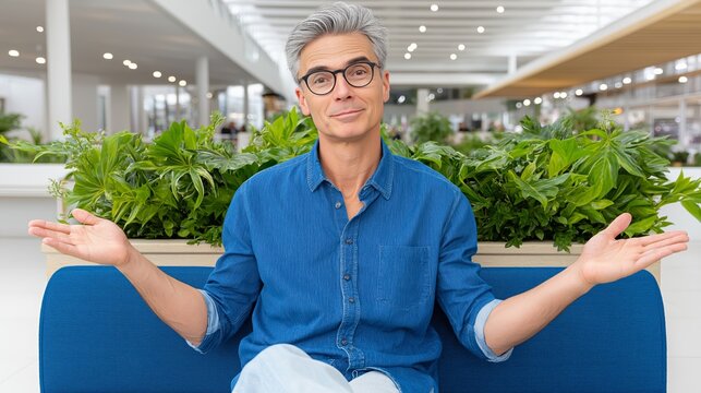 Mature man in glasses and denim shirt sitting on a blue sofa in a modern café, gesturing with open hands while speaking, surrounded by green plants and blurred background, openness and conversation - Powered by Adobe