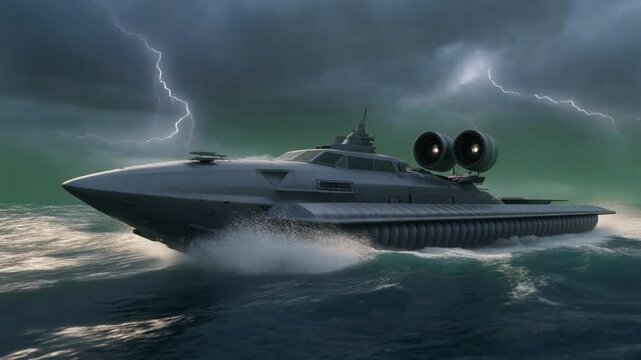 A futuristic hovercraft speeds through choppy waters under a stormy sky with lightning.