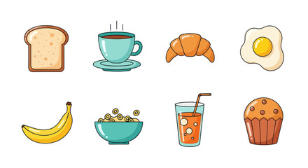 Breakfast food items illustration bread coffee croissant egg and more
