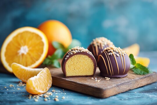 Chocolate-coated orange cake balls with crunchy topping arranged on a rustic wooden board, surrounded by fresh orange slices and mint leaves, set against a blue background for a vibrant dessert scene - Powered by Adobe