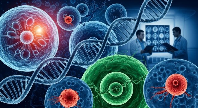 Cellular World Unveiled: A detailed view of cellular structures, with scientists examining the intricacies of biological processes in the background.