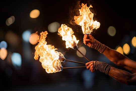 Fire juggler performing at night with flaming torches against a dark background and dramatic bokeh lights, capturing motion, intensity, and the art of street performance