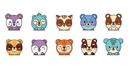 Cartoon animal characters in various colors and expressions on a white backdrop