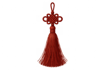 Red chinese knot tassel decorating for good luck and prosperity. Traditional asian ornament on transparent background