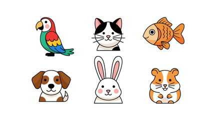 Cartoon animal collection illustrations featuring parrot cat fish dog rabbit and hamster