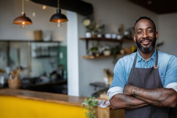 Confident small business owner standing with crossed arms in cozy modern shop interior, wearing denim shirt and apron, warm lighting and shelves in background create inviting atmosphere