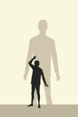 Conceptual illustration of a man facing his larger shadow, symbolizing inner fear, self-awareness, growth, and the confrontation of the subconscious mind in psychology.