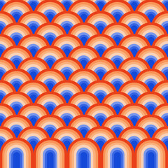 Repeating pattern of overlapping, stylized semi-circles with rainbow wave design.