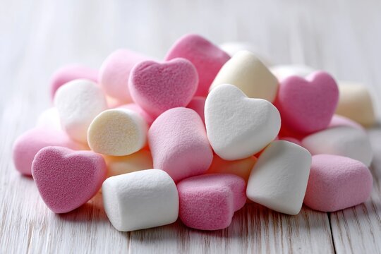 Pile of heart-shaped and cylindrical marshmallows in pink, white and yellow tones on light wooden surface, sweet romantic concept for Valentine’s Day or love-themed design