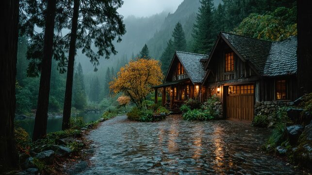 Cozy cabin nestled in a serene forest by a river on a rainy day or evening - Powered by Adobe