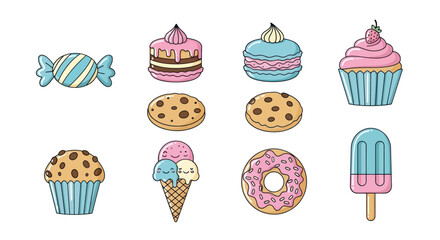 Assorted colorful desserts collection isolated on white background vector