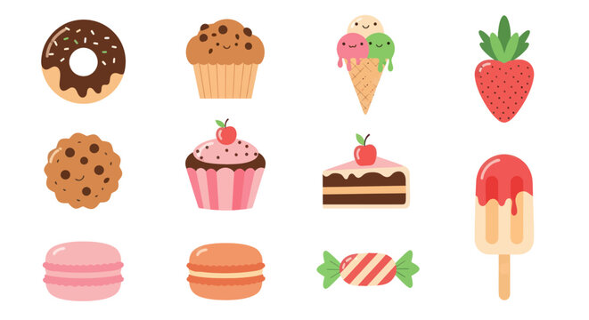 Assorted colorful dessert illustrations donut ice cream macaron sweets