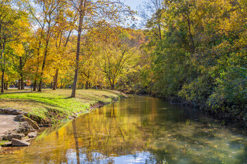 Sunny view of the beautiful autumn landscape in Dogwood Canyon Nature Park