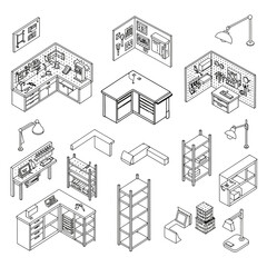 Naklejka premium isometric workshop elements a detailed illustration of workbenches shelves and storage units ideal for diy projects and organized workspace design