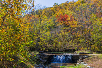 Sunny view of the beautiful autumn landscape in Dogwood Canyon Nature Park