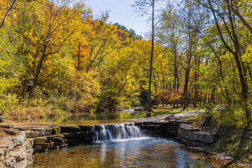 Sunny view of the beautiful autumn landscape in Dogwood Canyon Nature Park