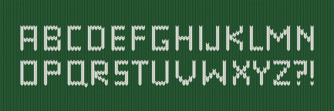 Christmas sweater font, alphabet with knitting pattern. Green wool jumper texture with white type. Woolen knitwear background with English font for winter ugly sweater, vector illustration