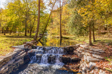 Sunny view of the beautiful autumn landscape in Dogwood Canyon Nature Park