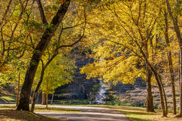 Sunny view of the beautiful autumn landscape in Dogwood Canyon Nature Park