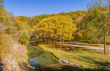 Sunny view of the beautiful autumn landscape in Dogwood Canyon Nature Park