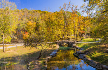 Sunny view of the beautiful autumn landscape in Dogwood Canyon Nature Park