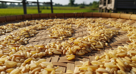 Harvested rice grain drying on a woven bamboo mat for Pongal festival material, organic food blog, or agricultural concept