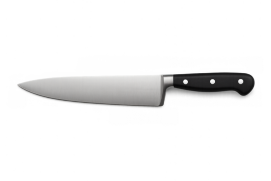 Chef's knife featuring a sharp metal blade and a sturdy black handle, providing a vital tool for cooking and food preparation