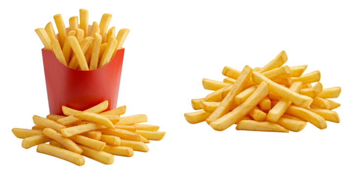 Golden French fries set in red box for fast food menu design, social media post, or restaurant advertising