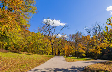 Sunny view of the beautiful autumn landscape in Dogwood Canyon Nature Park